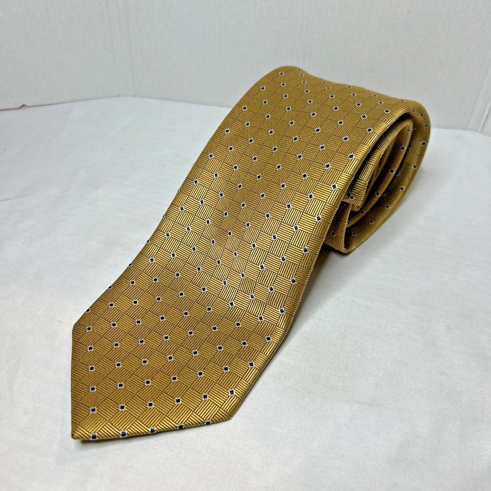 Brooks Brothers Makers Silk Tie Necktie Gold/Blue Geometric Stain‎ Resistant USA